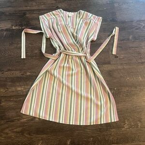 Pastel pink, green, and yellow striped wrap dress with tie waist small